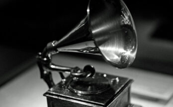 A photo of the Grammy Award trophy.