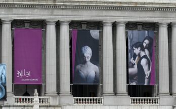 A photo of banners for San Francisco Ballet hanging outside War Memorial Opera House, San Francisco, CA.