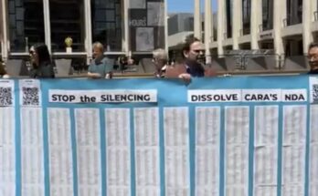 Protesters at New York's Lincoln Center demand the New York Philharmonic dissolve the NDA that silences horn player Cara Kizer from speaking about her alleged sexual assault. Photo: Lara St. John (@stjohnlara) via Instagram