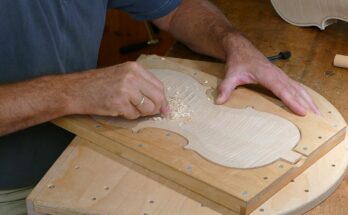 Violin luthier at work. Photo: Kritzolina, CC BY-SA 4.0, via Wikimedia Commons