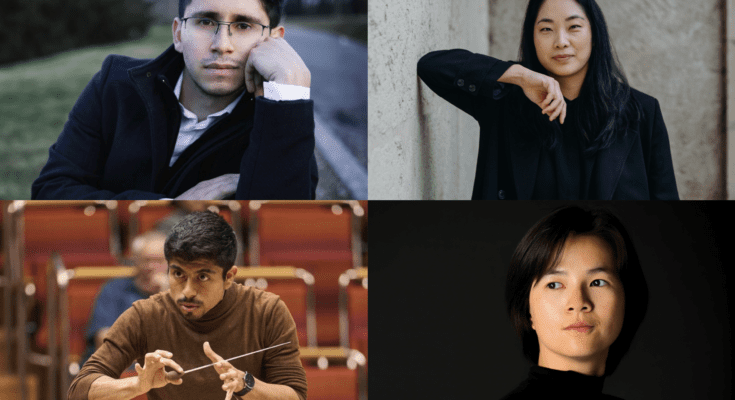 2024-'25 Dudamel Conducting Fellows. Clockwise from top left: Luis Castillo-Briceño, Holly Hyun Choe, Molly Turner, and Dayner Tafur-Díaz. Photos: LA Phil